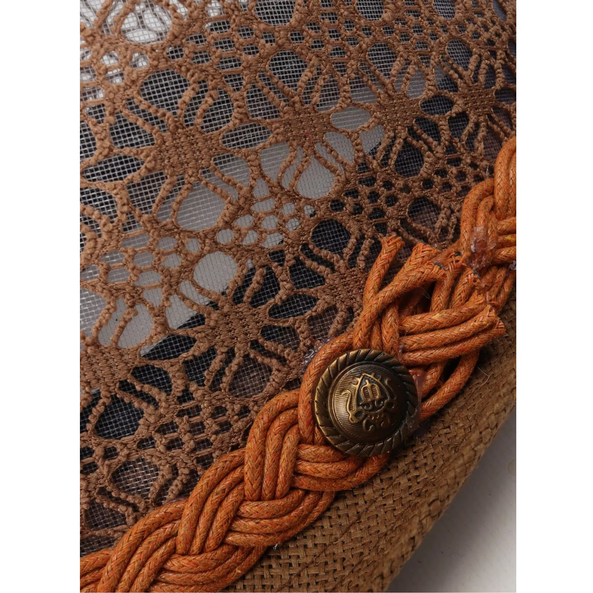 Ladies lace effect trilby sun hat in brown with woven braid band and button detail